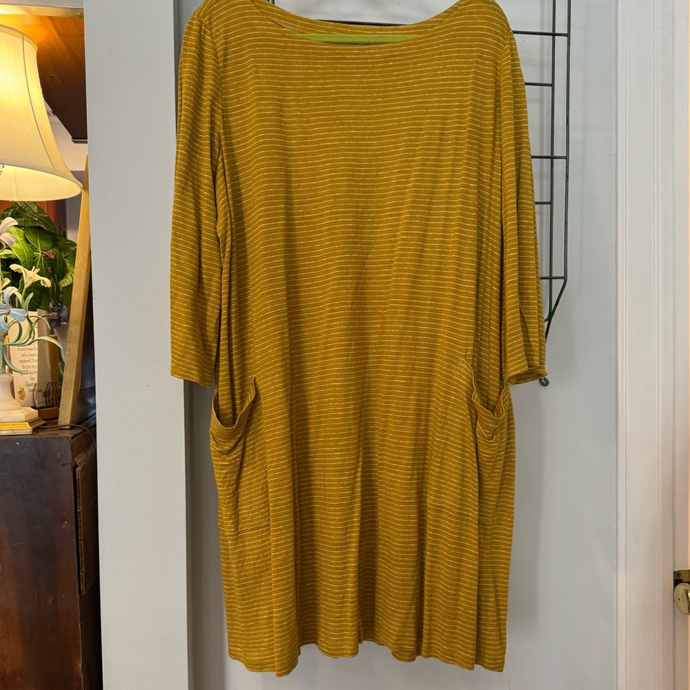 Mustard and White Striped Linen Eileen Fisher Dress/Tunic with Pockets